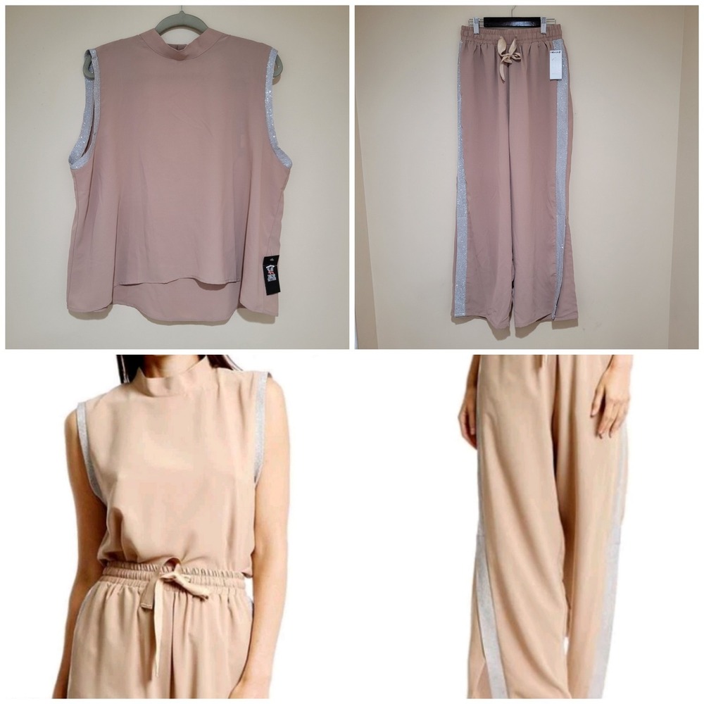 Garcia Glitter Pant Set Open Back Slit‎ Legs Comfort Taupe Women Large Casual